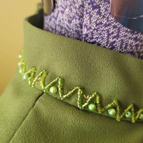 Embellished Olive Green Long Sleeve Shift Dress - Picture 5 of 7